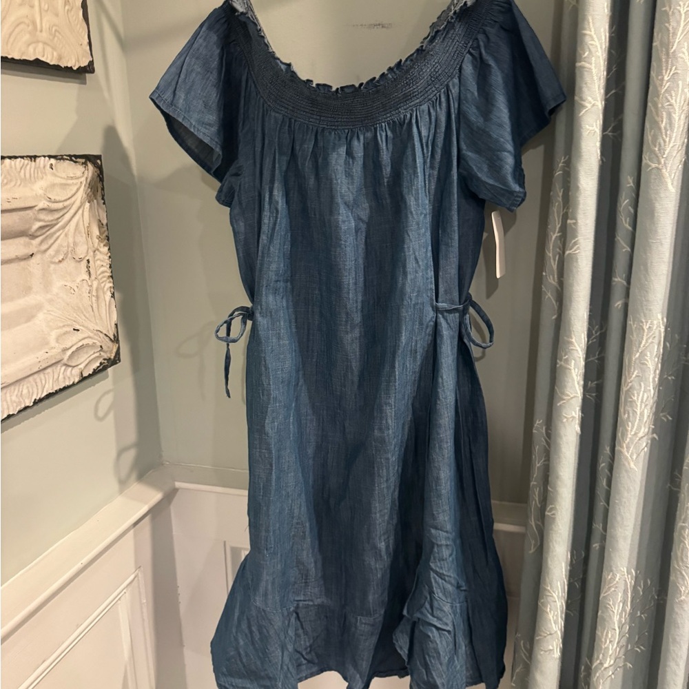 Aqua Denim Blue Chambray Denim Off the Shoulder Dress - M